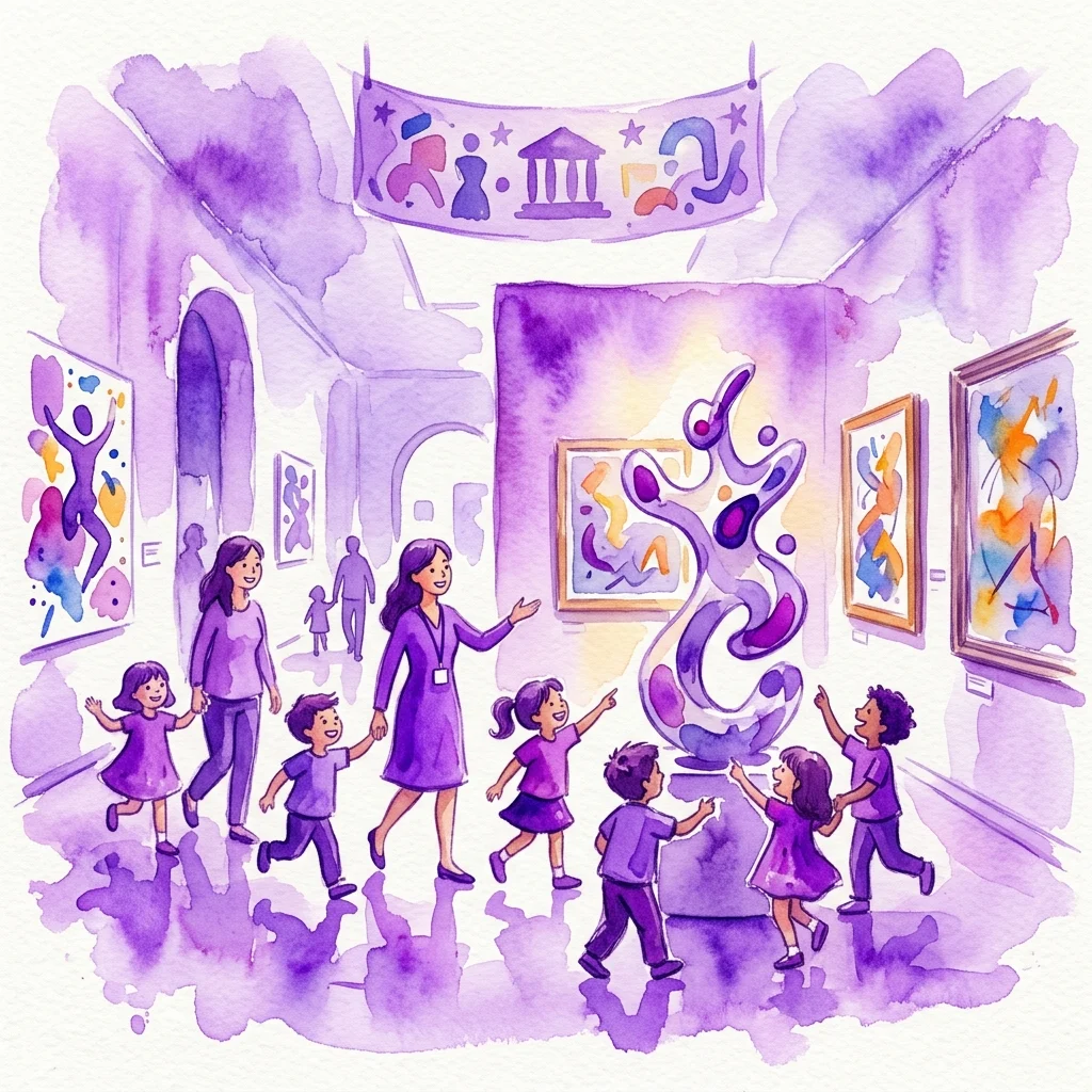 Een aquarelillustratie van kinderen en volwassenen die een museumgalerij met abstracte kunst verkennen, geleid door een educator bij een groot beeld.