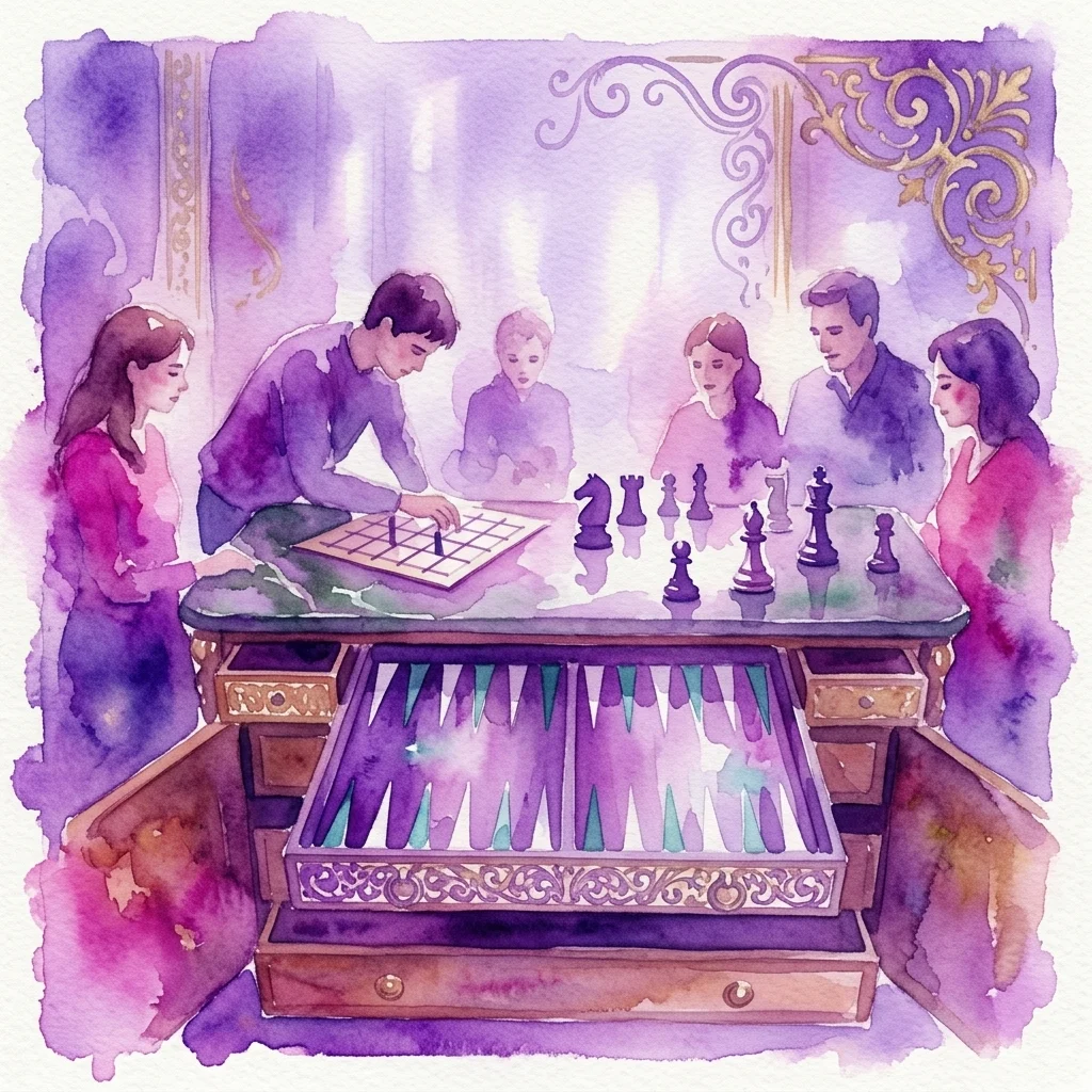 Een aquarelillustratie van mensen die historische bordspellen zoals schaken en backgammon spelen in een museumsetting, met een barokke esthetiek en intellectuele betrokkenheid.