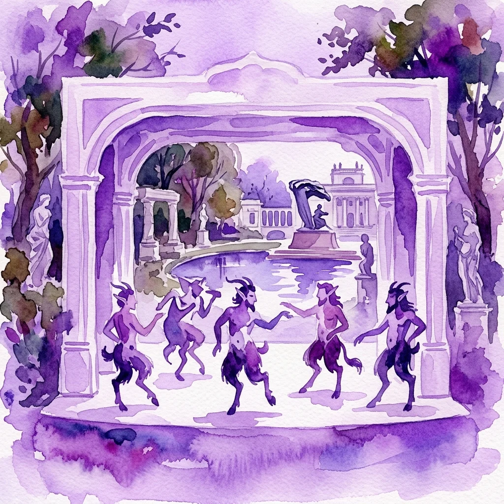 A watercolor illustration of fantastical satyr-like figures dancing in a paper theater stage, set against the backdrop of Royal Łazienki Park's historic animal garden and sculptures.