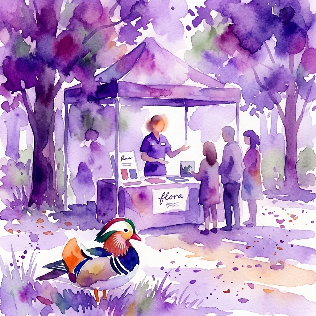 Ilustracja akwarelowa plenerowego stoiska edukacyjnego w parku, z przyrodnikiem przemawiającym do odwiedzających pod fioletowym namiotem z napisem 'flora' oraz mandarynką na pierwszym planie.