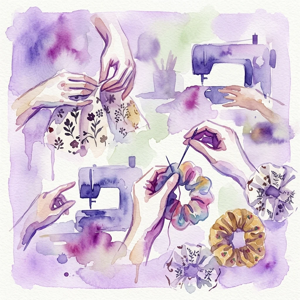 Waterverfillustratie van handen die scrunchies maken met bloemenstof, naaimachines en kleurrijke haaraccessoires, geïnspireerd op de ontwerpen van het Witte Huis van het Koninklijk Łazienki Museum.