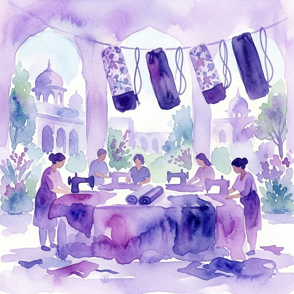 Una ilustración en acuarela de un taller de costura donde la gente usa máquinas de coser para crear fundas de esterillas, con fundas terminadas colgadas en un tendedero, ambientado en un jardín palaciego.