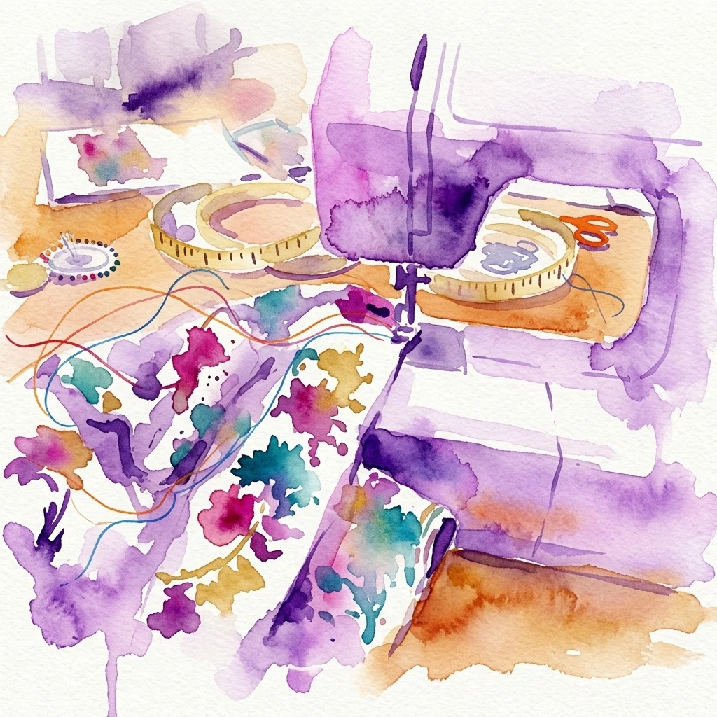 Ilustración en acuarela de un taller de costura con una máquina de coser, retazos de tela, hilos y una cinta métrica sobre una mesa de madera, evocando una atmósfera creativa.