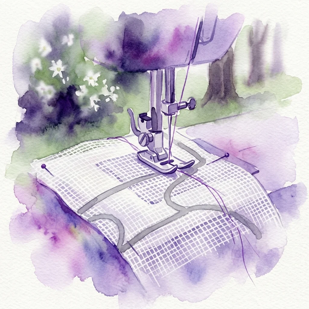 Ilustracja akwarelowa maszyny do szycia przeszywającej białą tkaninę siatkową, z rozmytym tłem parku na świeżym powietrzu z zielenią i kwiatami.