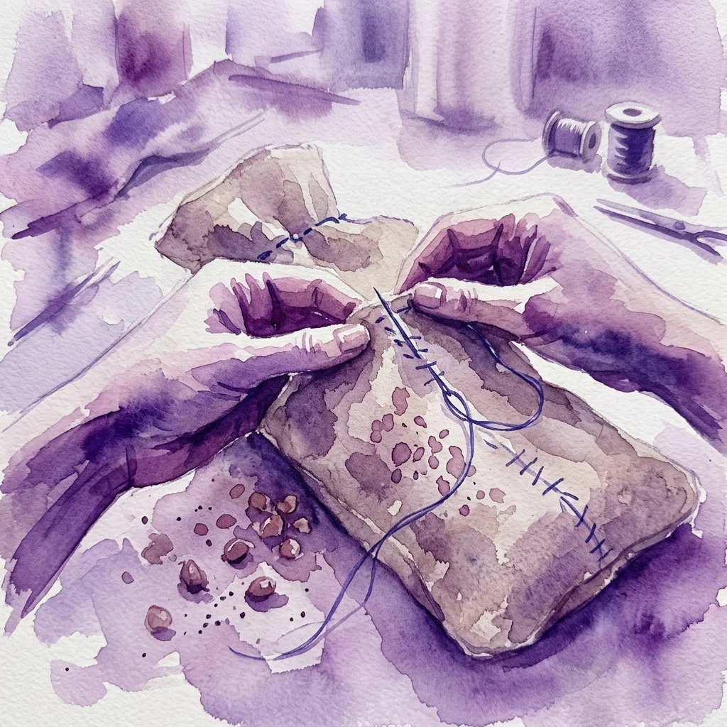 Ilustracja akwarelowa dłoni zszywających termofor z pestkami wiśni, otoczony narzędziami krawieckimi i materiałami naturalnymi, odzwierciedlający ekologiczne warsztaty rzemieślnicze w Muzeum Łazienki Królewskie.