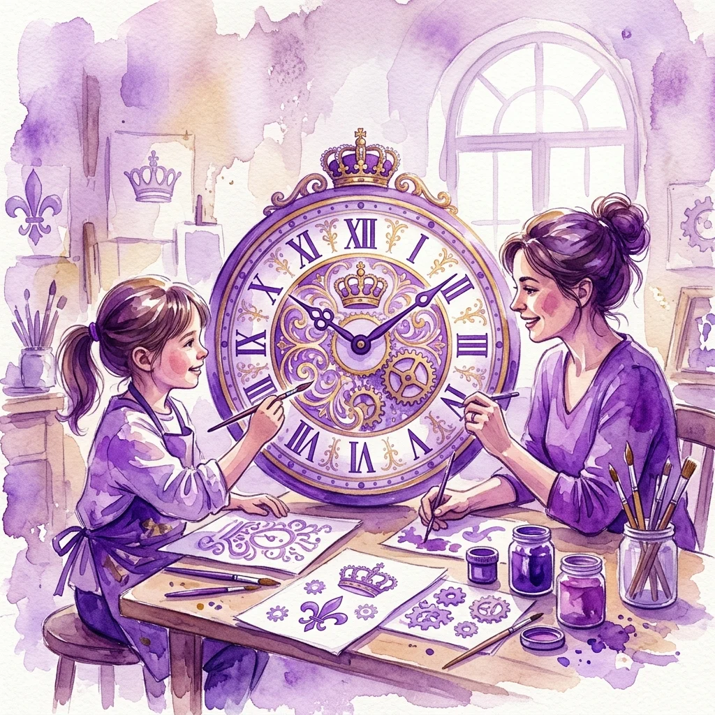 Een kind en een volwassene werken samen aan het ontwerpen van een wandklok in koninklijke stijl met kroon- en tandwielmotieven, geïnspireerd op historische koninklijke uurwerken tijdens een creatieve workshop.