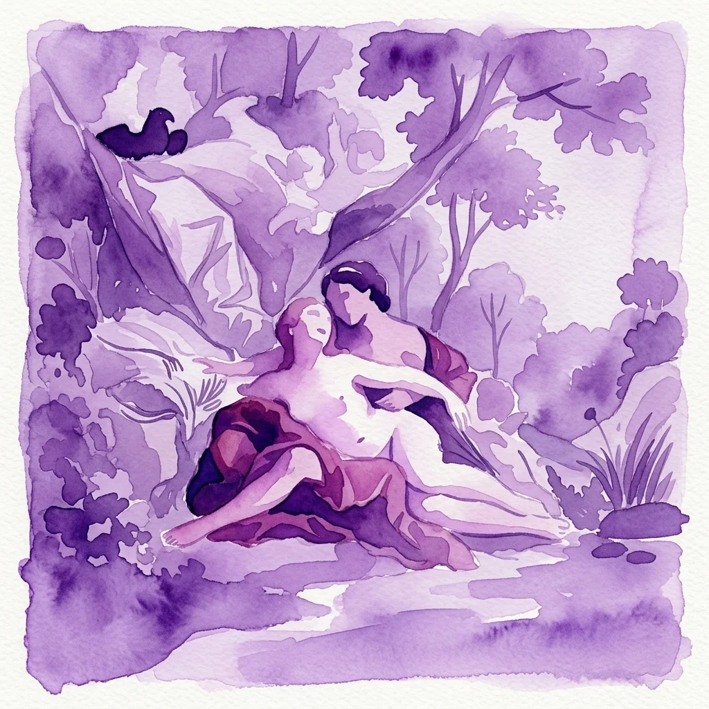 Fioletowa akwarelowa ilustracja przedstawiająca Zeusa przebranego za Artemidę uwodzącego nimfę Kallisto w lesie, ukazująca mitologiczną scenę ze sztuki klasycznej.