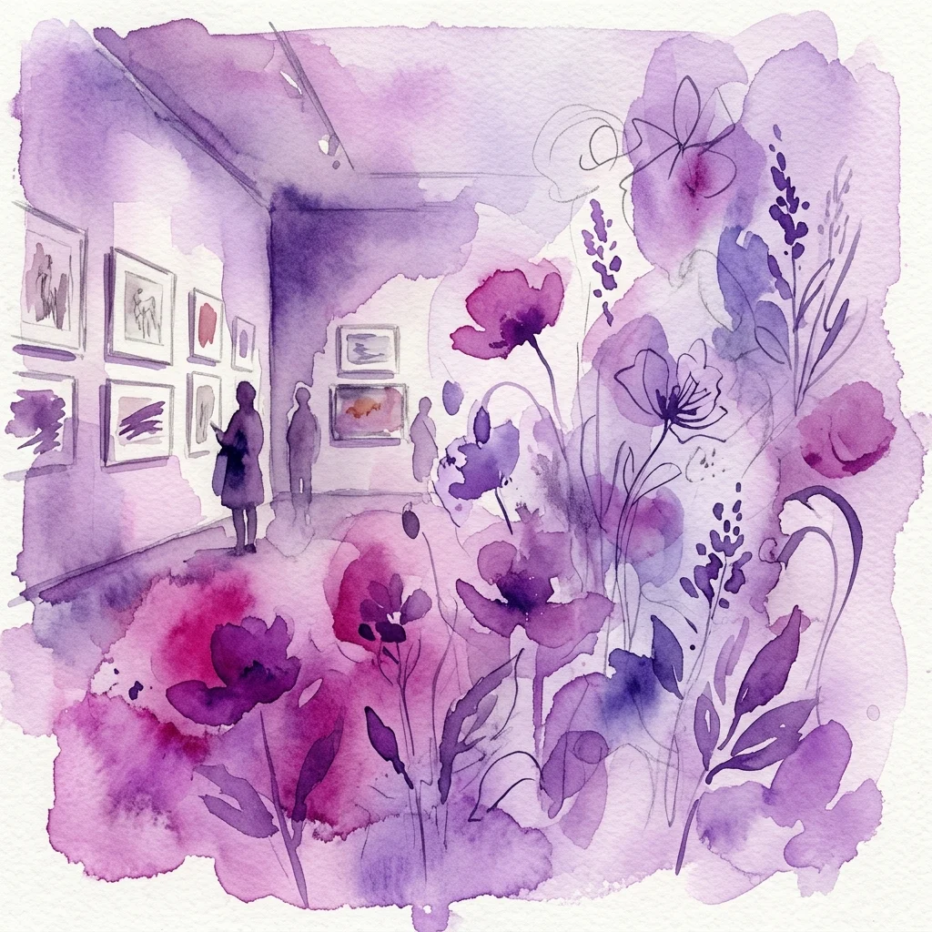 Ilustracja akwarelowa galerii muzealnej z fioletowymi szkicami botanicznymi i zwiedzającymi oglądającymi oprawione dzieła sztuki na ścianach.