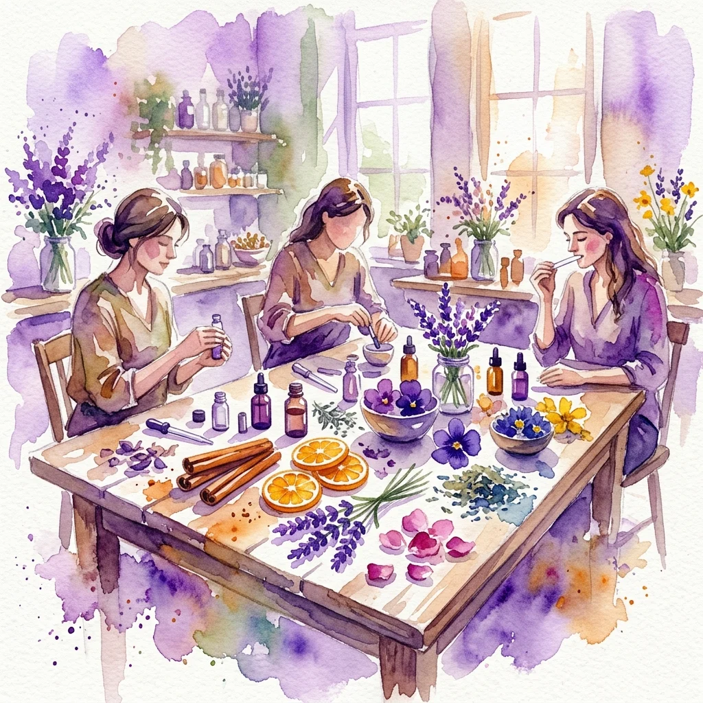 Ilustracja akwarelowa przedstawiająca trzy kobiety tworzące perfumy botaniczne z lawendy, plasterków pomarańczy, cynamonu i innych aromatycznych ziół przy stole warsztatowym.