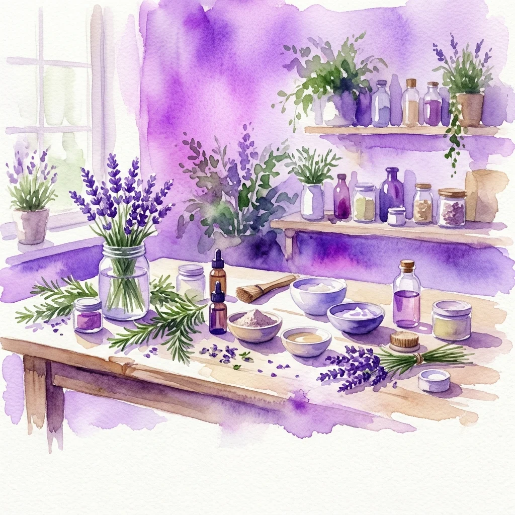 Een aquarelillustratie van een werktafel met lavendel, kruiden, potten en flessen voor het maken van natuurlijke cosmetica, tegen een paarse achtergrond met planten op planken.