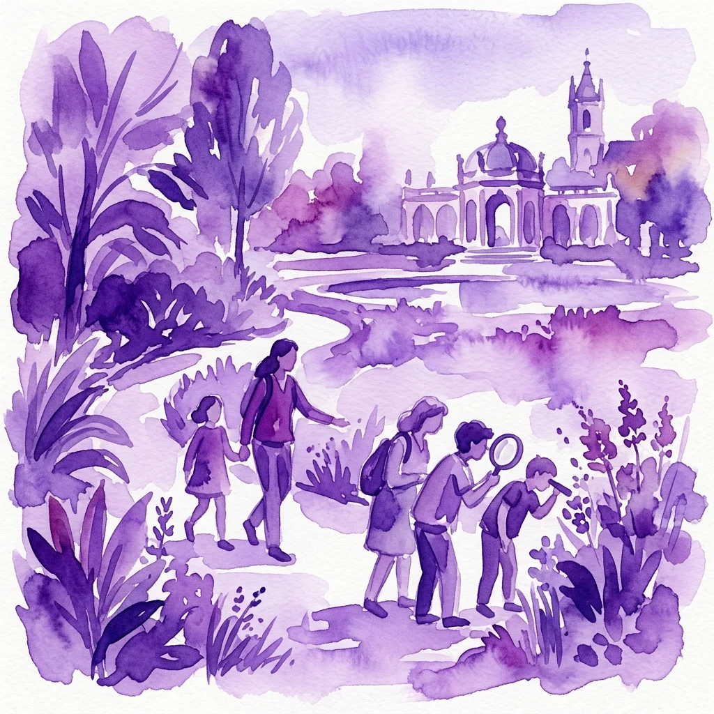 Una ilustración en acuarela de una caminata guiada por la naturaleza en el Parque Real Łazienki, con participantes observando plantas y fenómenos naturales con lupas, sobre el telón de fondo de la arquitectura histórica del parque.