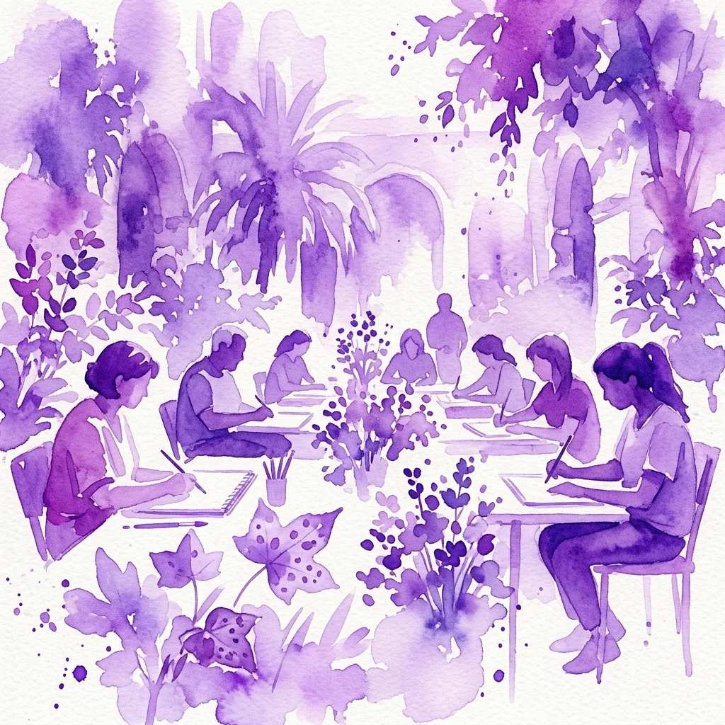 Una ilustración en acuarela de adultos y adolescentes participando en un taller de dibujo botánico en un exuberante jardín, esbozando plantas con lápices y papel.