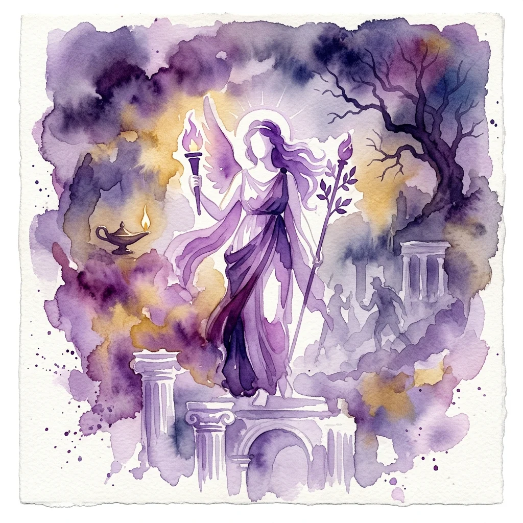 Een aquarelillustratie van een klassiek Griekse godinnenfiguur, mogelijk Nike of Hecate, met een fakkel en staf, tegen een achtergrond van oude zuilen, een lamp en ge silhouetteerde figuren, die thema's oproept uit Stanisław Wyspiański's toneelstuk 'Nuit de Novembre'.