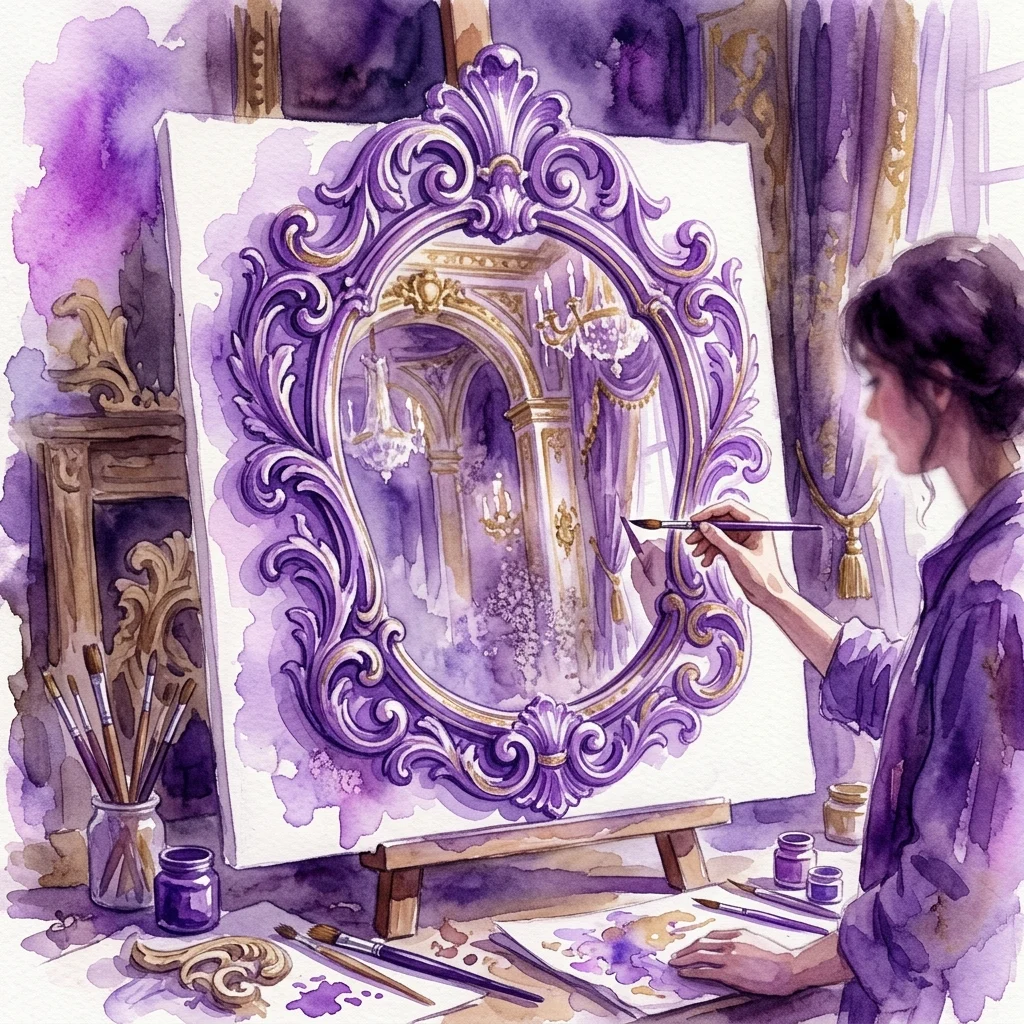 An artist paints a Baroque-style mirror frame on an easel, featuring intricate purple and gold scrollwork, reflecting an opulent historical interior with chandeliers and drapery.