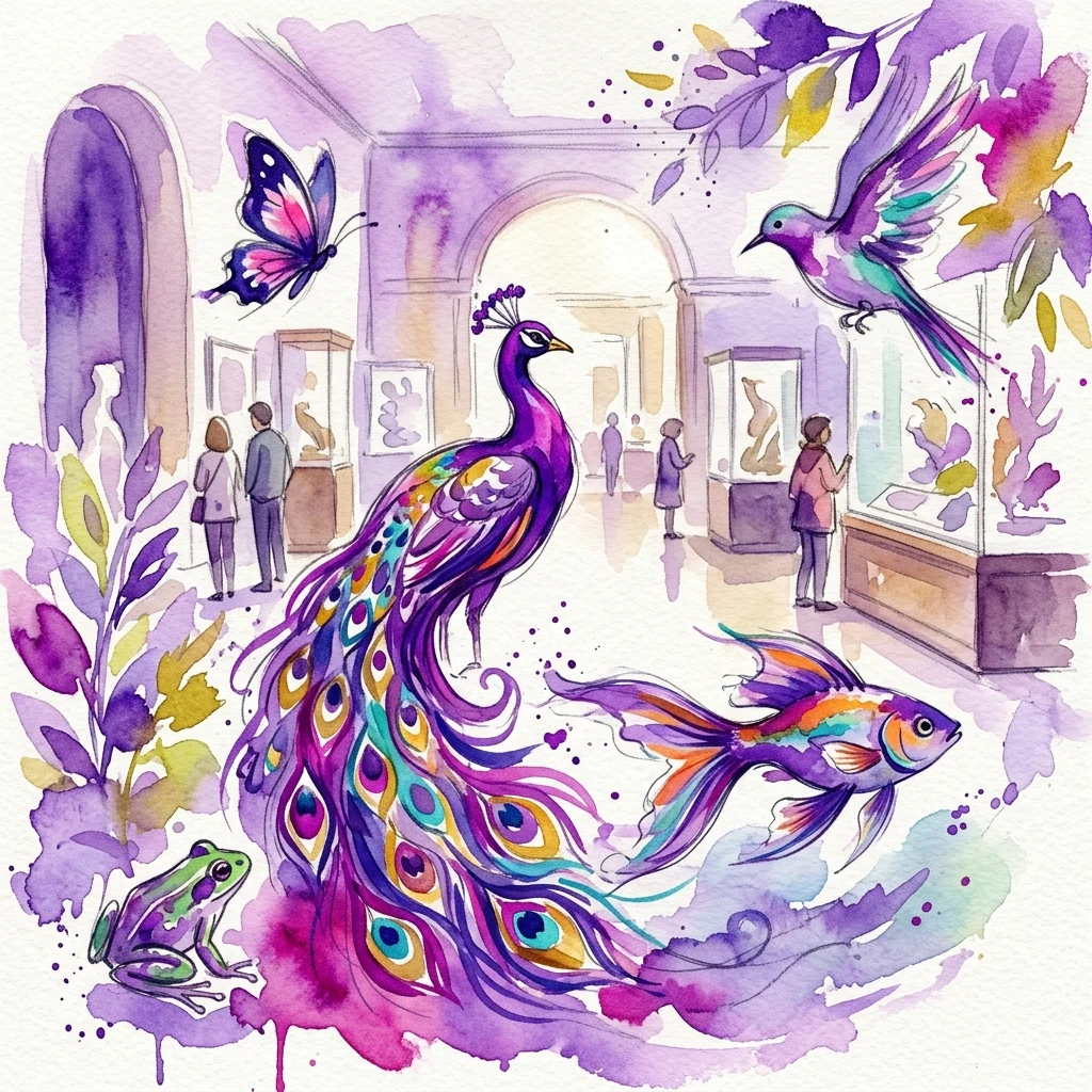 Een levendige aquarel- en acryl-inkttekening van een museumgalerij met kleurrijke dieren zoals een pauw, vissen, een kikker, een vlinder en een vogel, geïnspireerd op de kunstworkshops van Zwierzyniec in het Koninklijk Museum Łazienki.