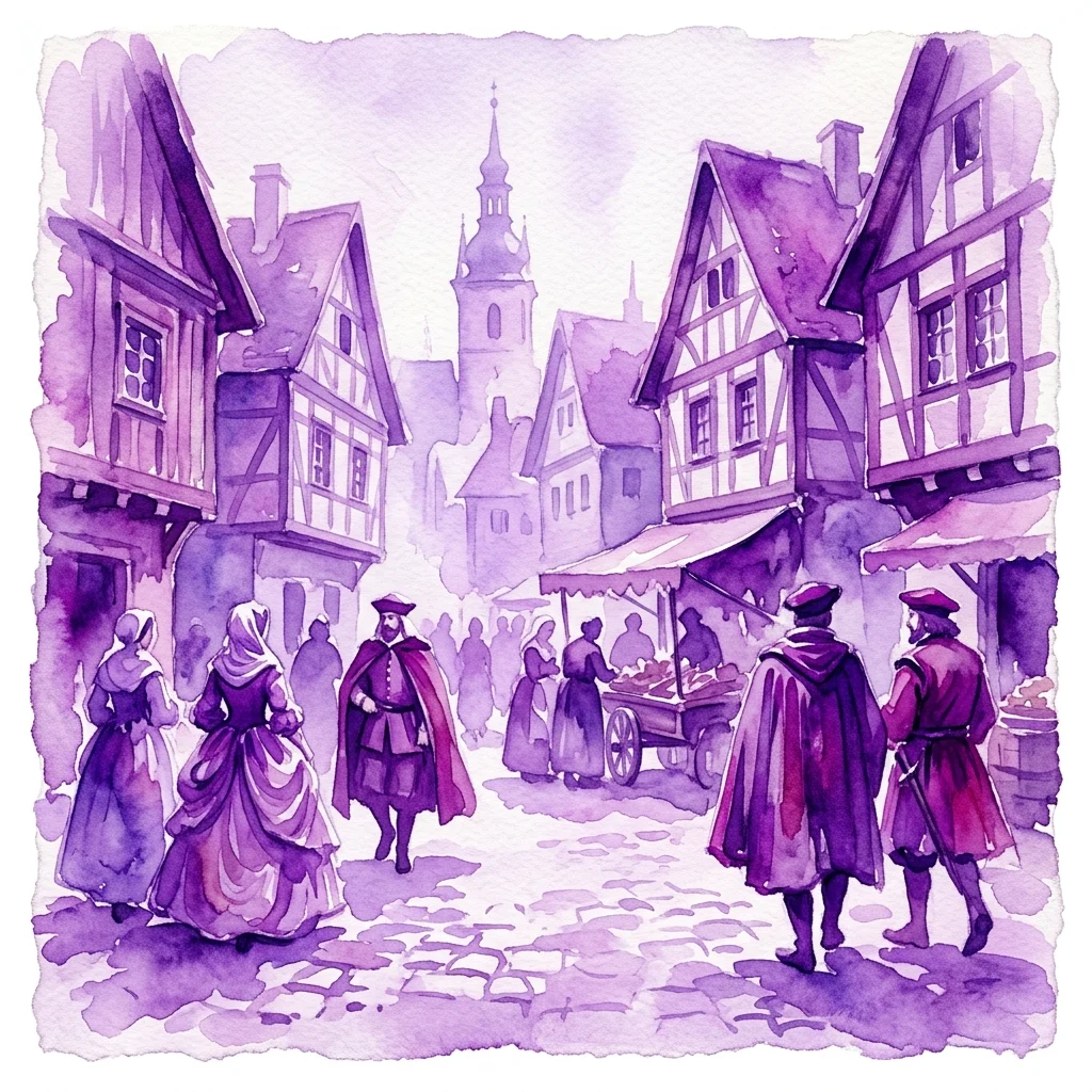 Ilustracja akwarelowa XVII-wiecznej polskiej sceny ulicznej z ludźmi w strojach z epoki, domami o konstrukcji szkieletowej i kościelną wieżą w tle.