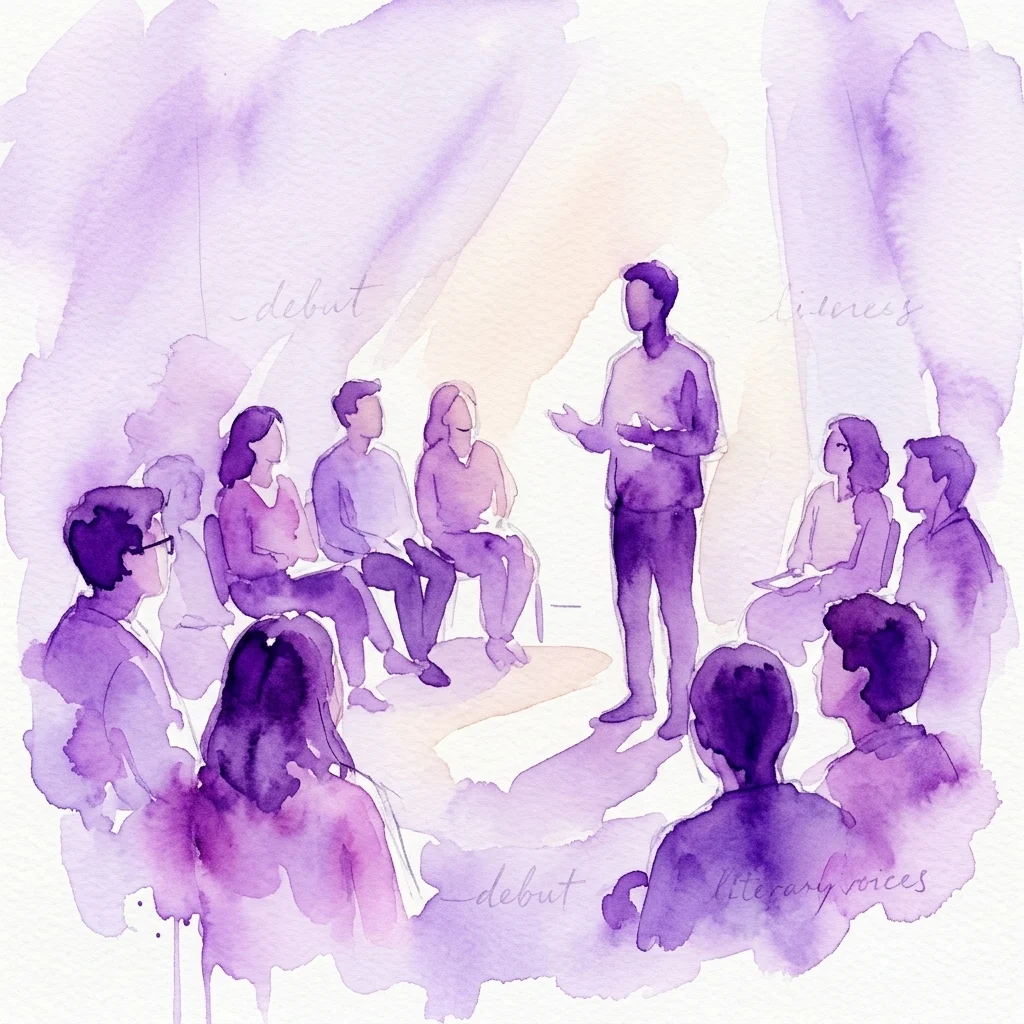 Ilustracja akwarelowa przedstawiająca młodych ludzi zebranych w kręgu, uważnie słuchających prelegenta na scenie Teatru Królewskiego podczas wydarzenia literackiego 'Życiowy debiut'.