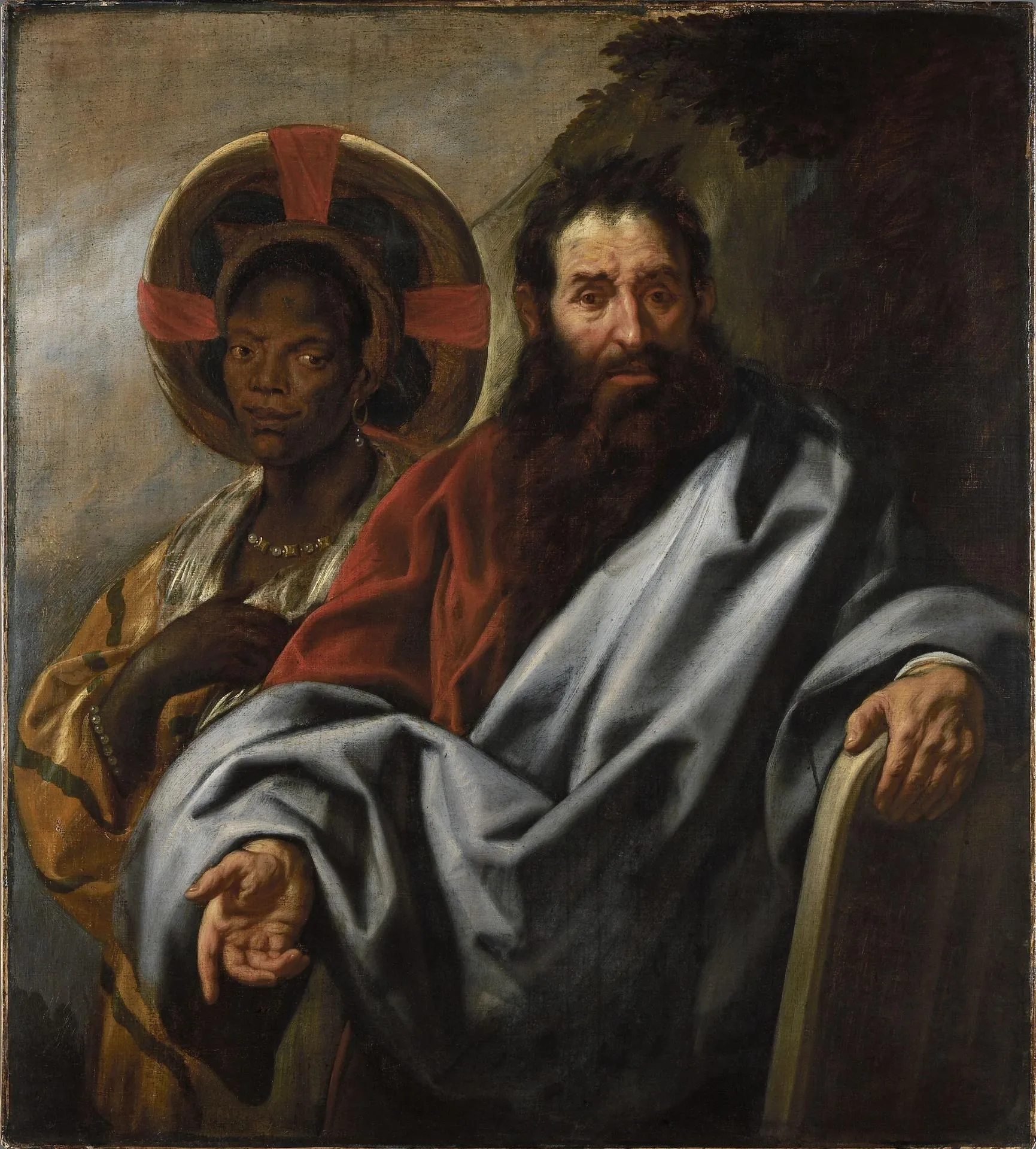 Pintura al óleo que representa a un hombre barbudo con túnicas azules y rojas sentado junto a una mujer de piel oscura que lleva un tocado dorado similar a un halo.