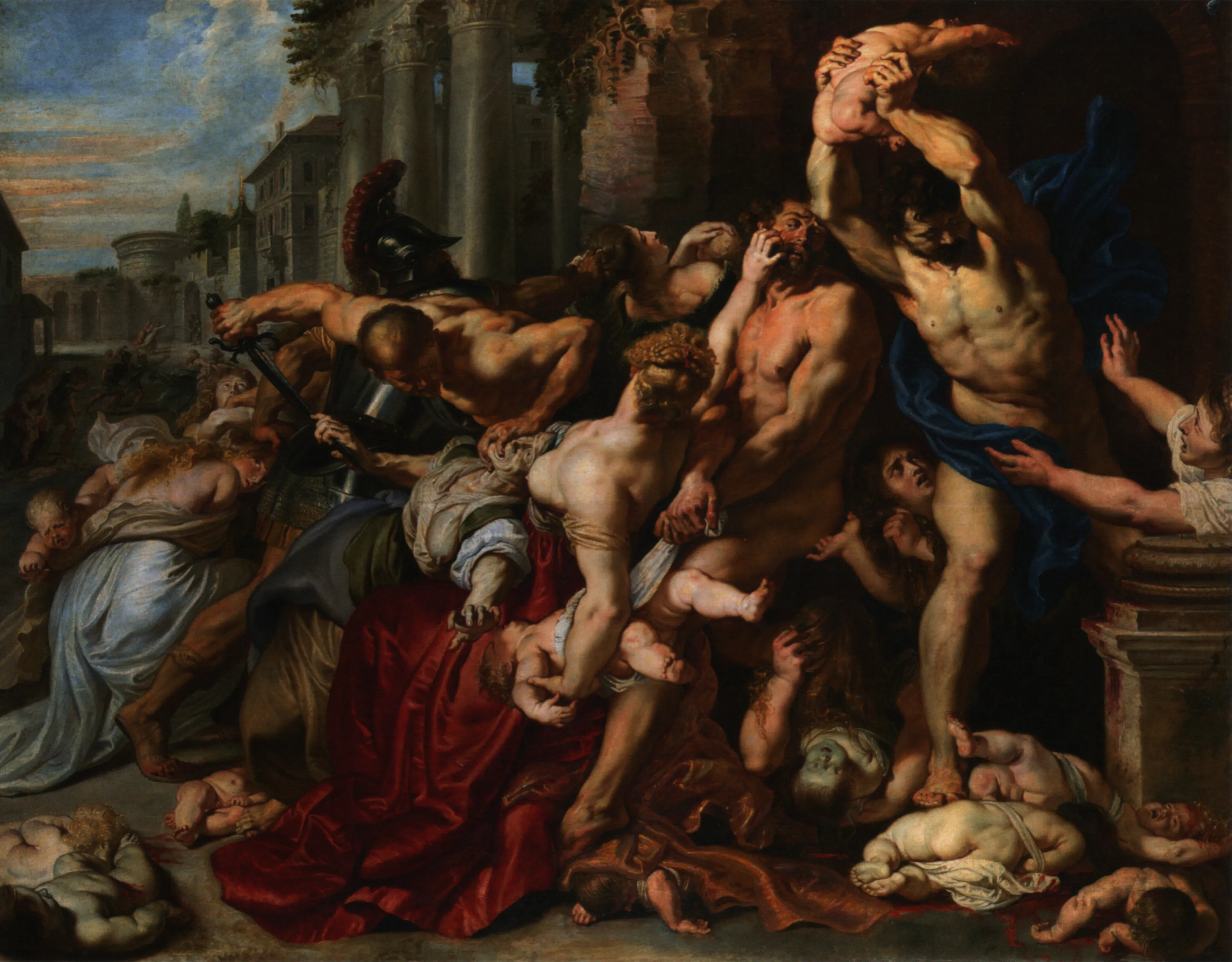 Pintura al óleo barroca que muestra la Matanza de los Inocentes con numerosas figuras en poses dramáticas, soldados atacando a civiles en medio de ruinas arquitectónicas clásicas
