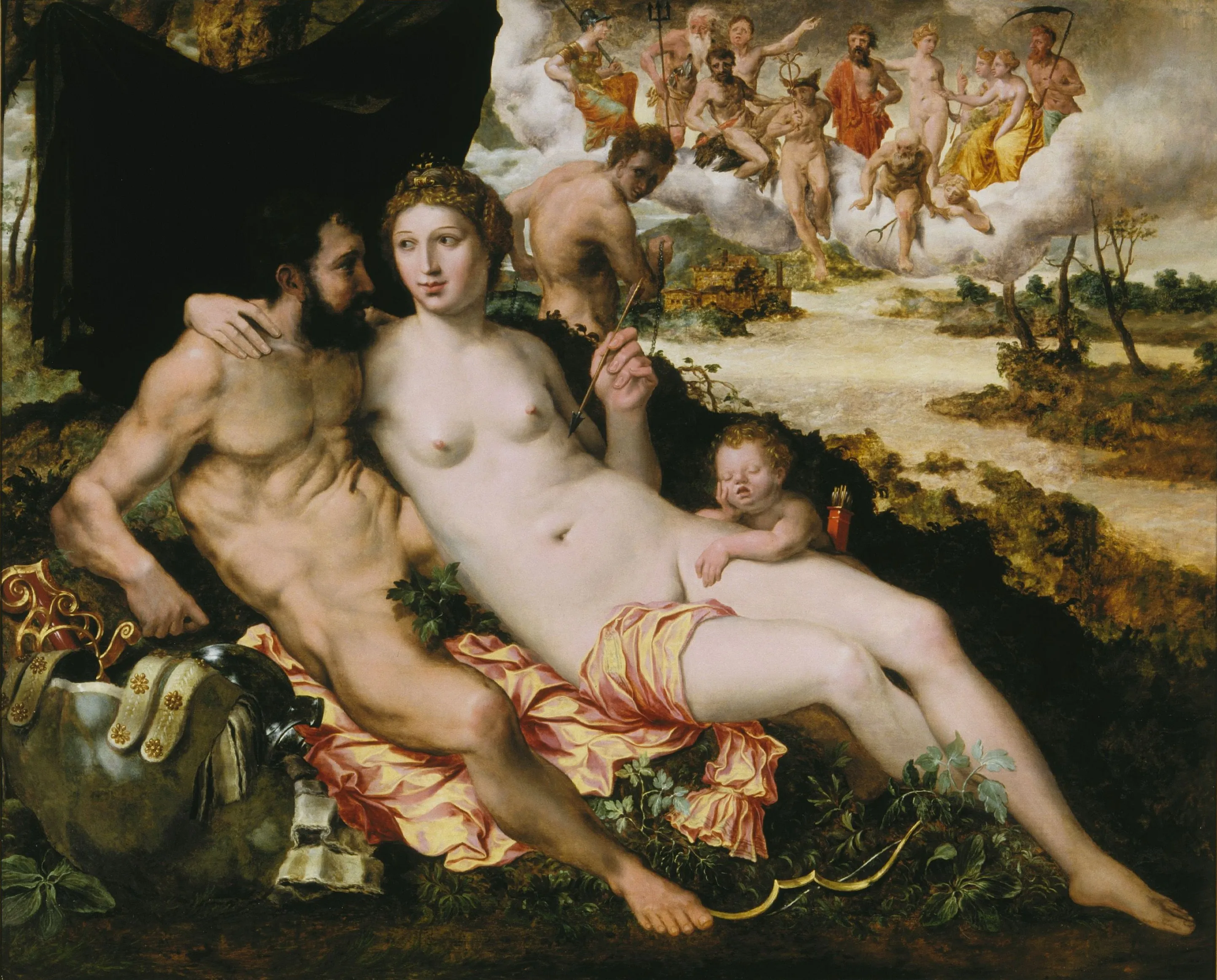 Pintura renacentista que muestra a una Venus desnuda reclinada y a un Marte con armadura abrazándola, con un niño durmiendo y figuras mitológicas entre las nubes sobre un paisaje