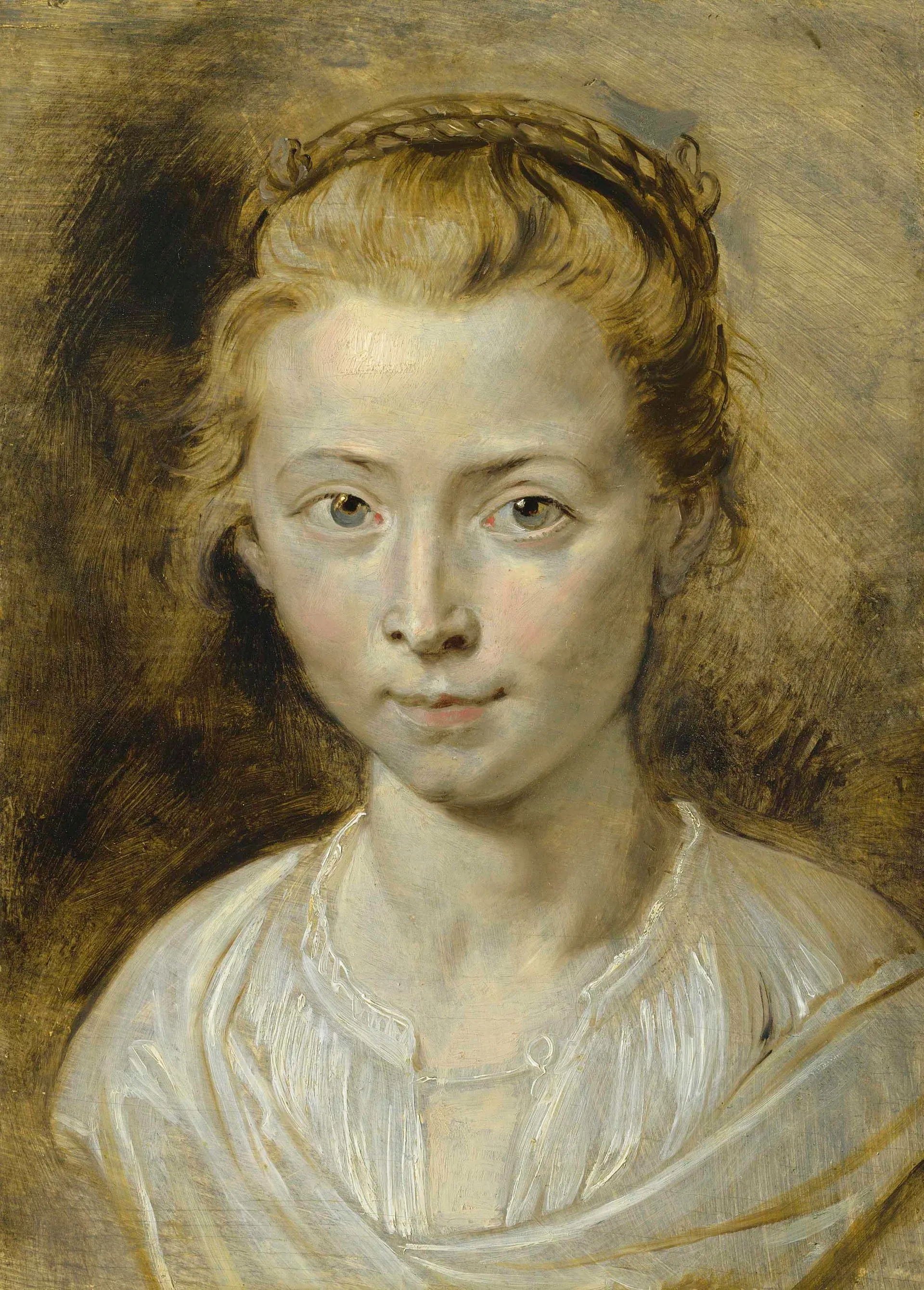 Retrato al óleo de una niña joven con cabello rubio y diadema trenzada, vestida con un traje blanco drapeado, sobre un fondo marrón cálido.
