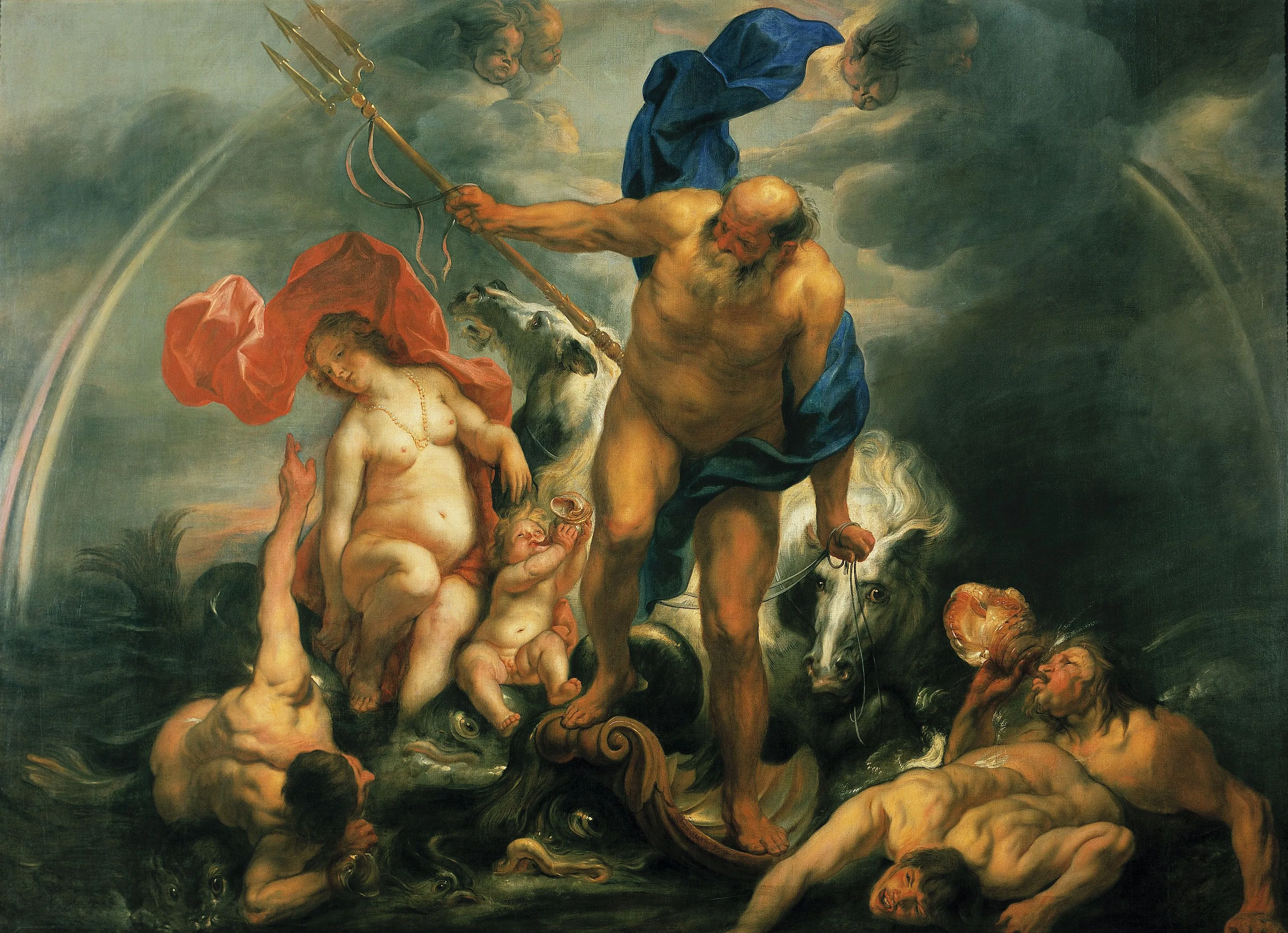 Pintura al óleo barroca que muestra a Neptuno sosteniendo un tridente de pie junto a Anfitrite en un carro marino tirado por caballos, rodeados de querubines y figuras entre nubes tormentosas.