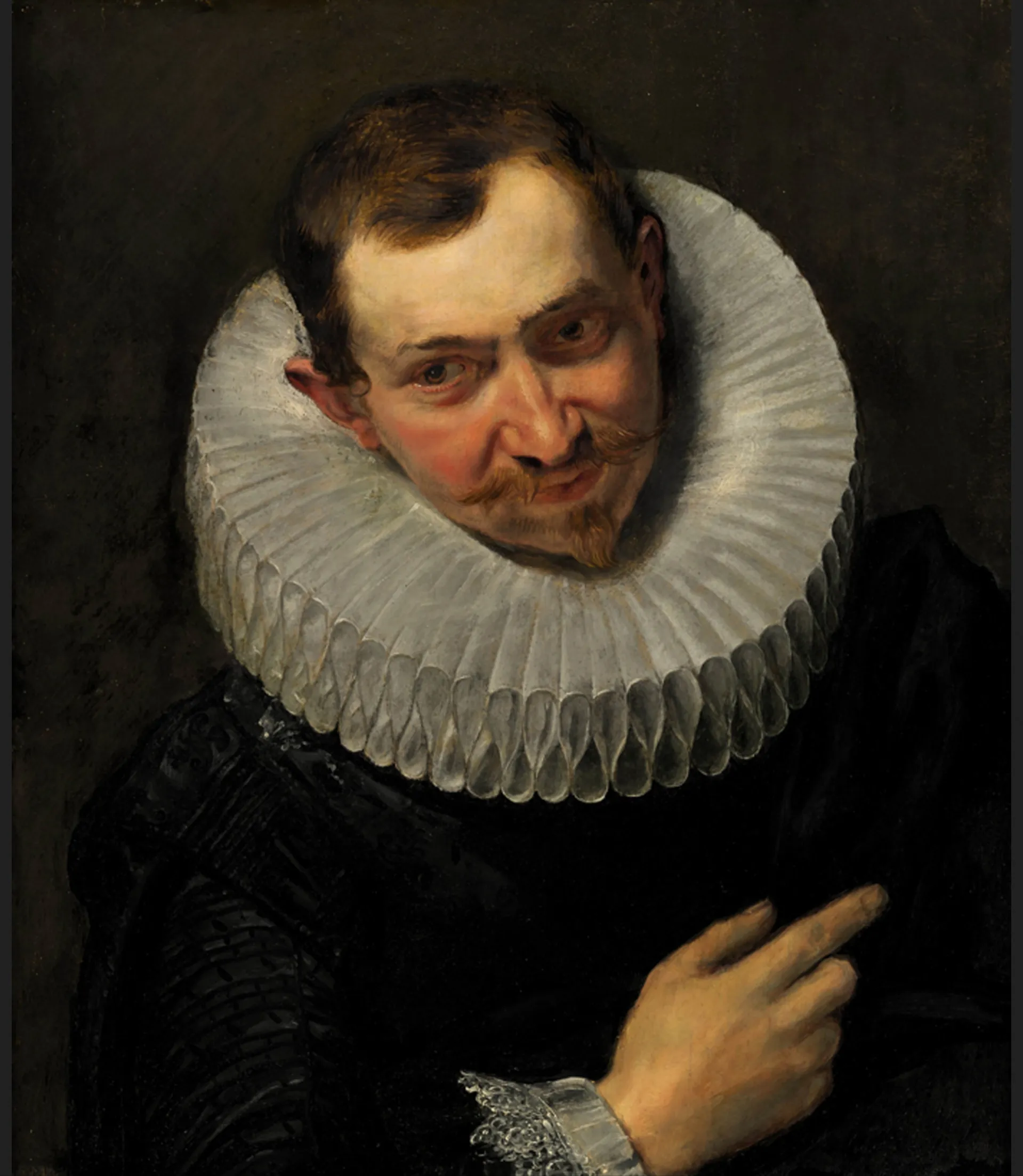 Retrato al óleo de un hombre con bigote que lleva un gran cuello de lechuguilla blanco y un jubón negro.