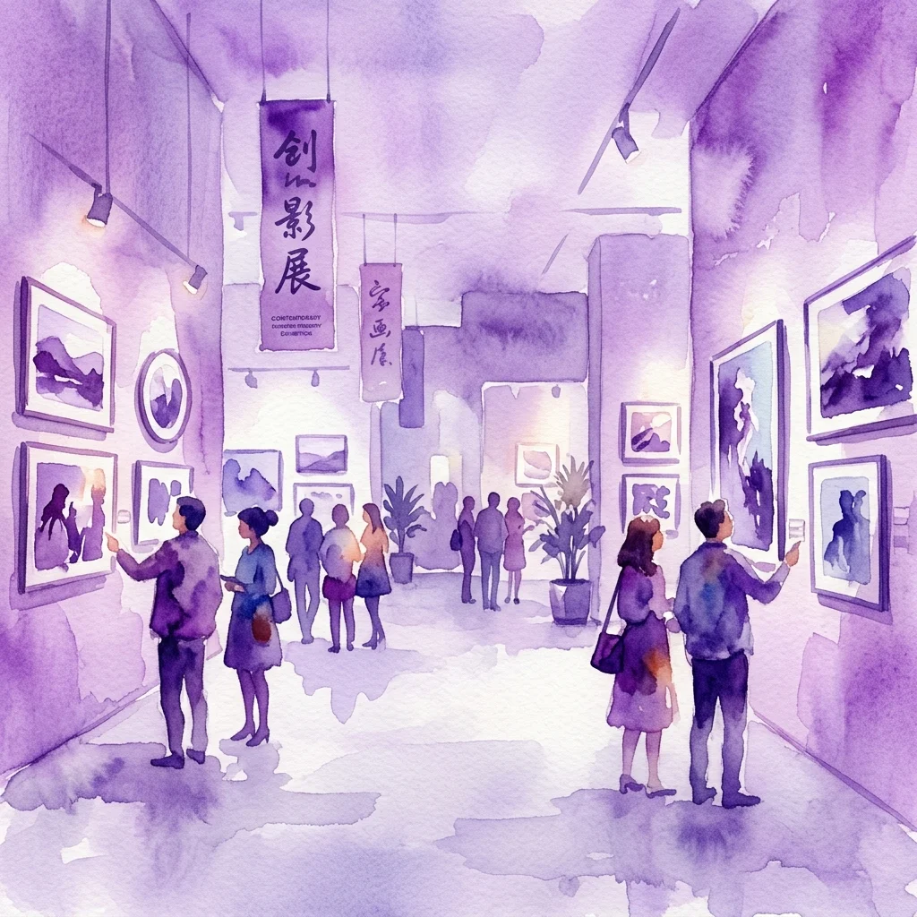Watercolor illustration of a contemporary Chinese photography exhibition titled 'A Strange Heaven' with visitors viewing artworks in a gallery space with purple lighting and banners.