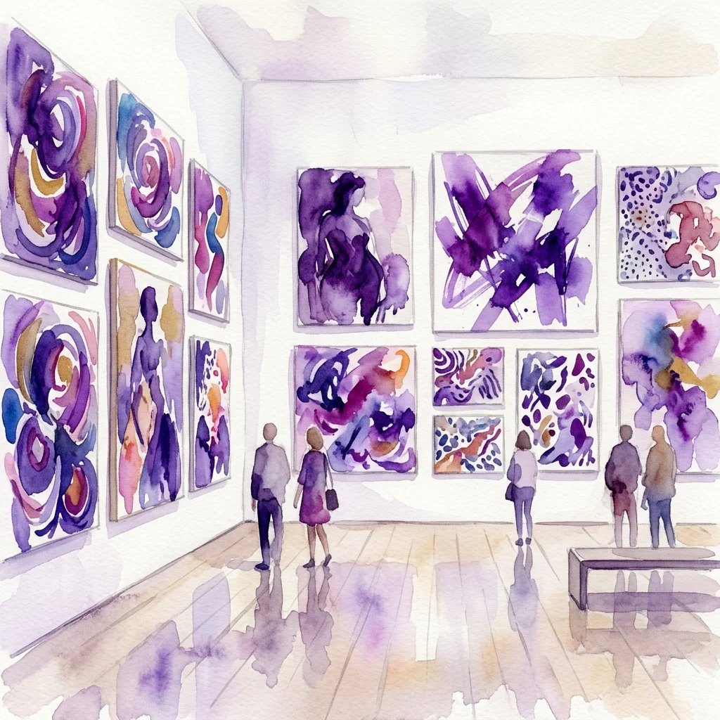 Watercolor illustration of a gallery space with visitors viewing vibrant abstract paintings in purple, blue, and orange tones on white walls.