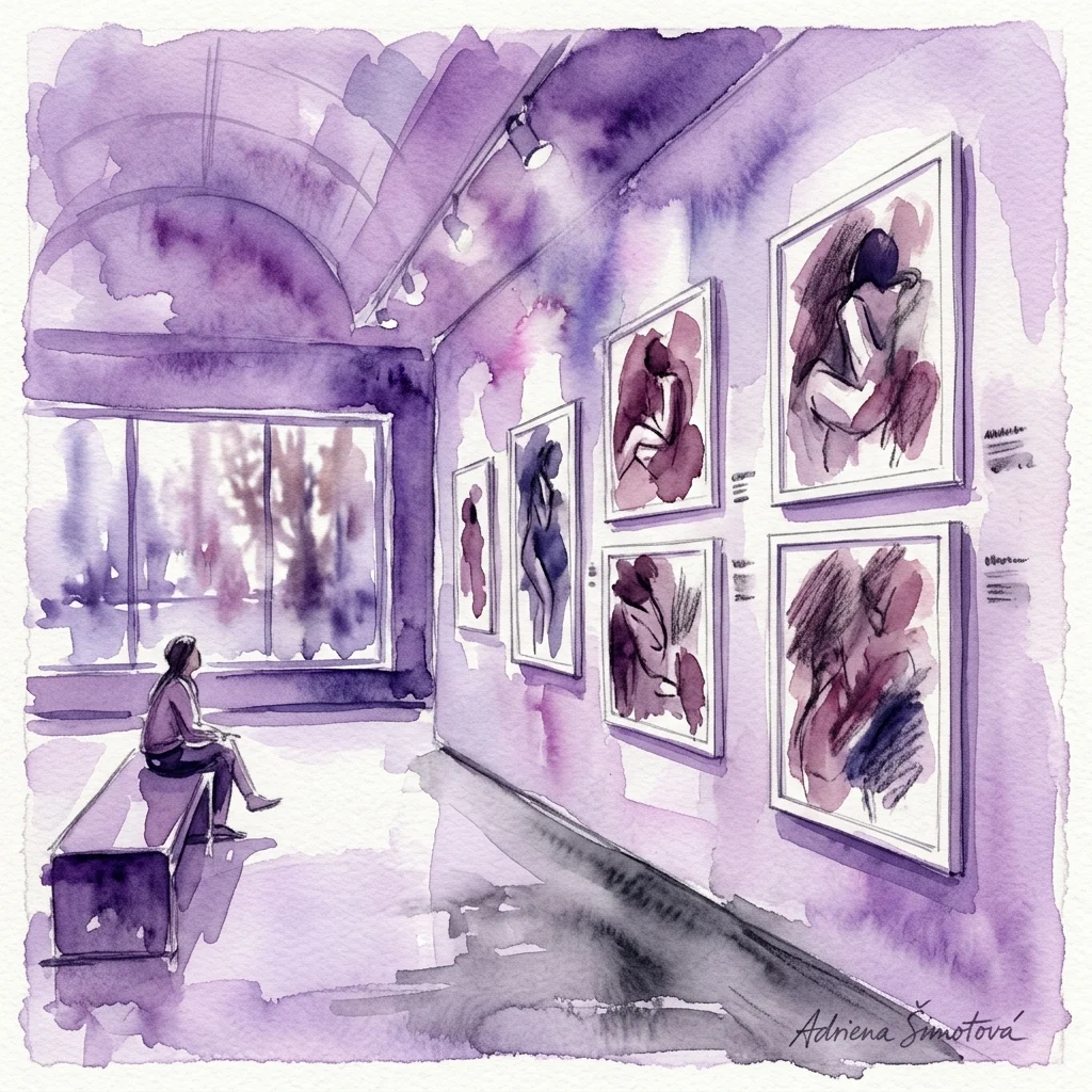 Ilustracja akwarelowa przestrzeni galerii w odcieniach fioletu, przedstawiająca oprawione prace Adrieny Šimotovej na ścianach i zwiedzającego siedzącego na ławce, prezentująca jej wystawę z lat 2008-2010.