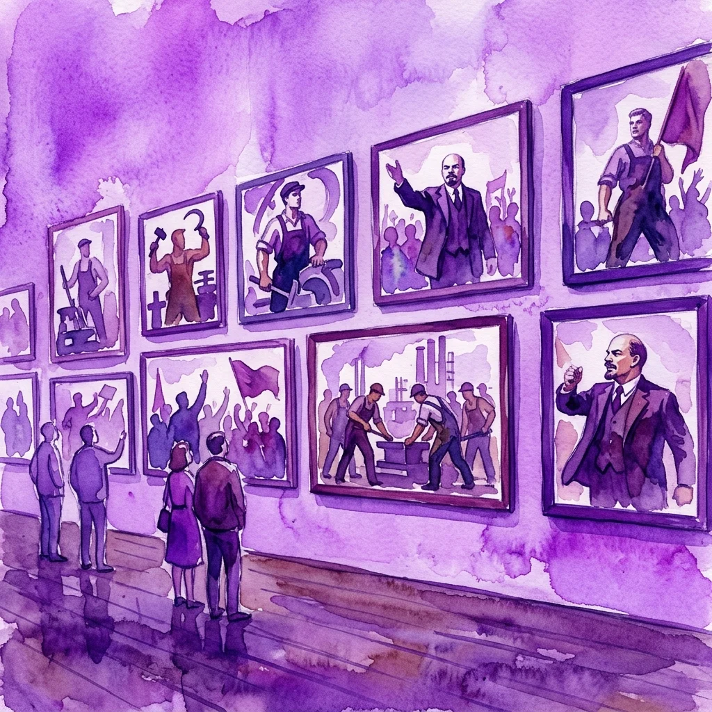 Ilustracja akwarelowa ściany galerii prezentującej obrazy socrealistyczne z epoki sowieckiej, ukazujące wyidealizowane wizerunki robotników i przywódców, z odwiedzającymi przyglądającymi się dziełom sztuki.