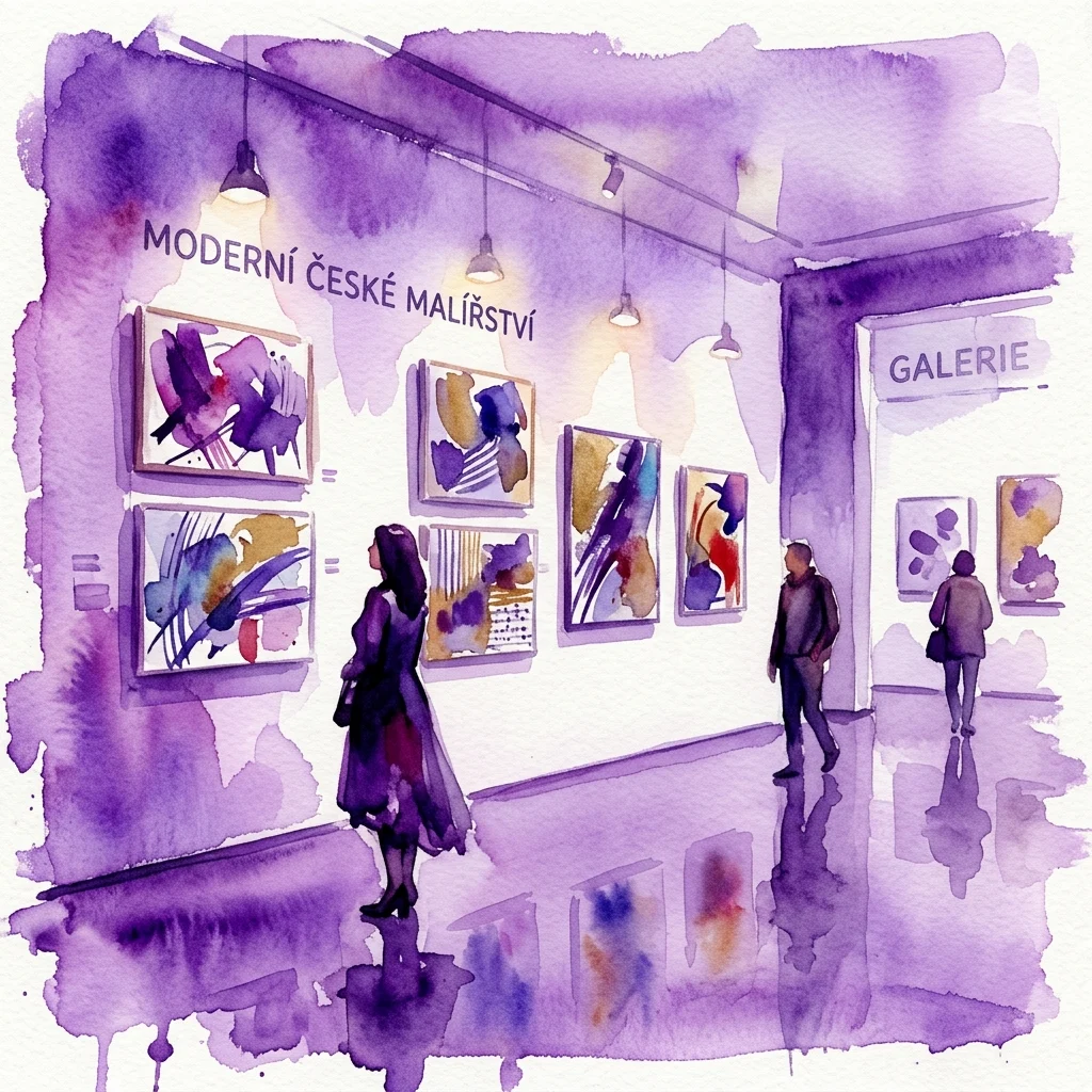 Ilustración en acuarela del interior de una galería con visitantes admirando pinturas checas contemporáneas bajo una iluminación focalizada, con el texto 'MODERNÍ ČESKÉ MALÍŘSTVÍ' en la pared.