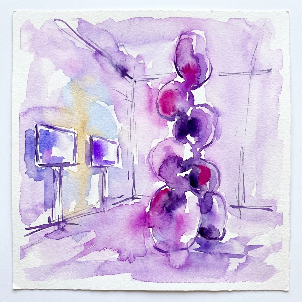 Een aquarel die een galerie-installatie afbeeldt met videomdionnen en abstracte sculpturale vormen in paarse en magenta tinten.