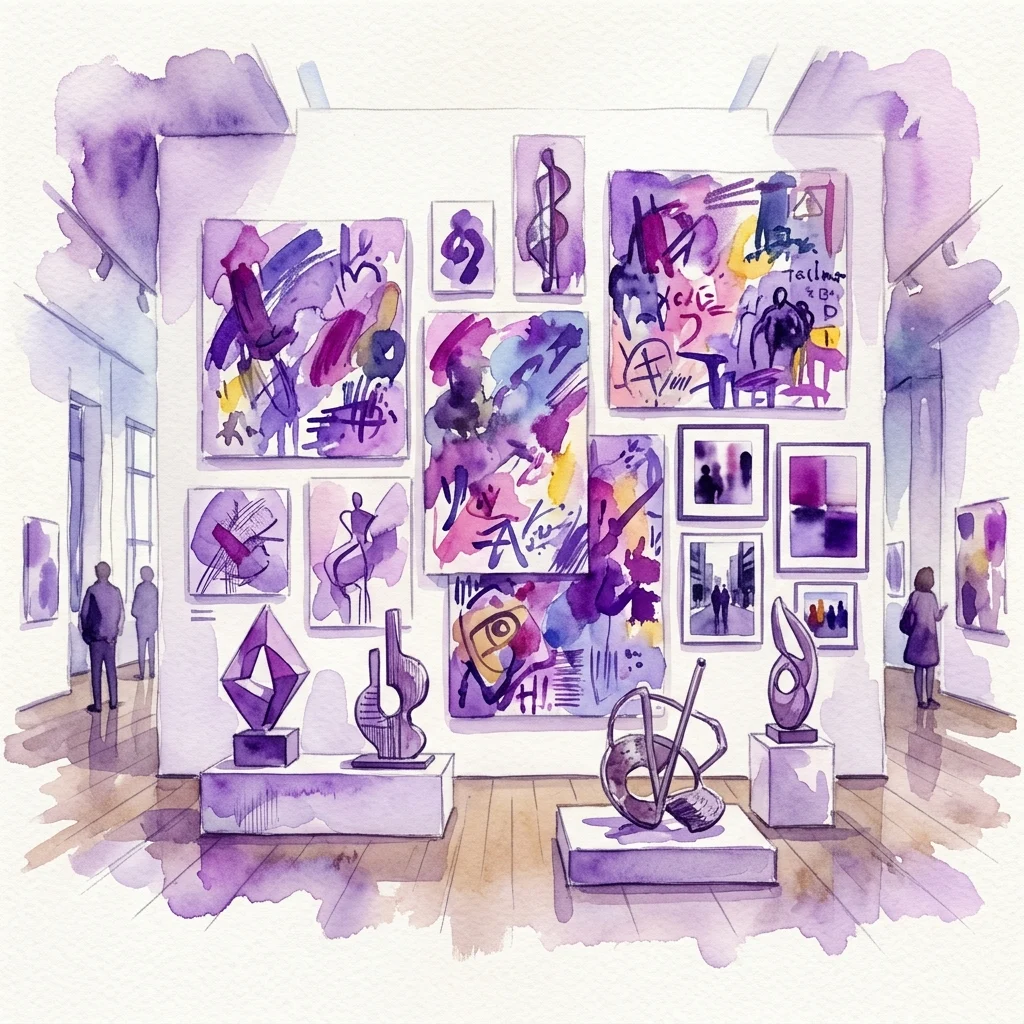 Una ilustración en acuarela de una galería de arte que presenta obras de arte contemporáneas estadounidenses de las décadas de 1980 y 1990, que incluyen pinturas abstractas, esculturas y fotografía, expuestas en un espacio de exposición moderno.