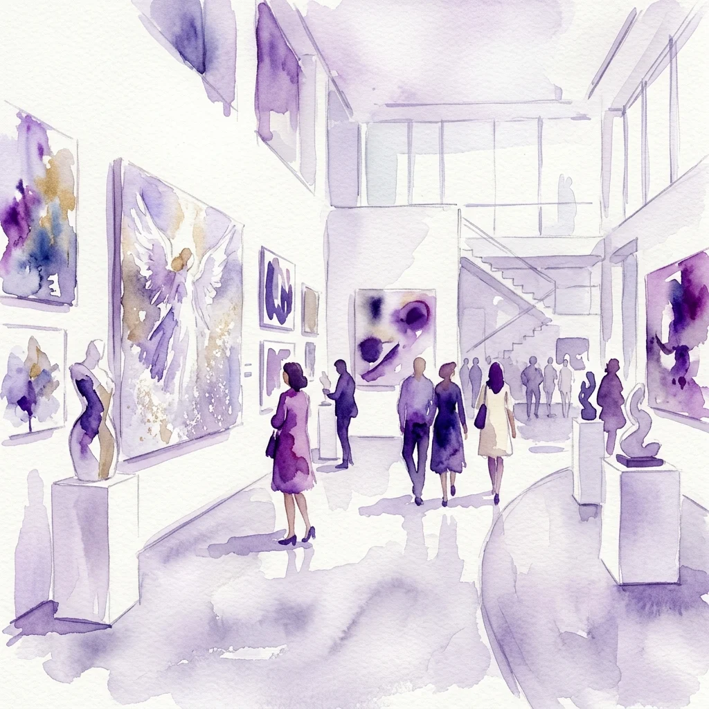 Een aquarelillustratie van een hedendaagse kunstexpositie met de titel 'Anděl, Anděl / Engel, Engel' in een moderne galerie met bezoekers die kunstwerken en sculpturen bekijken.