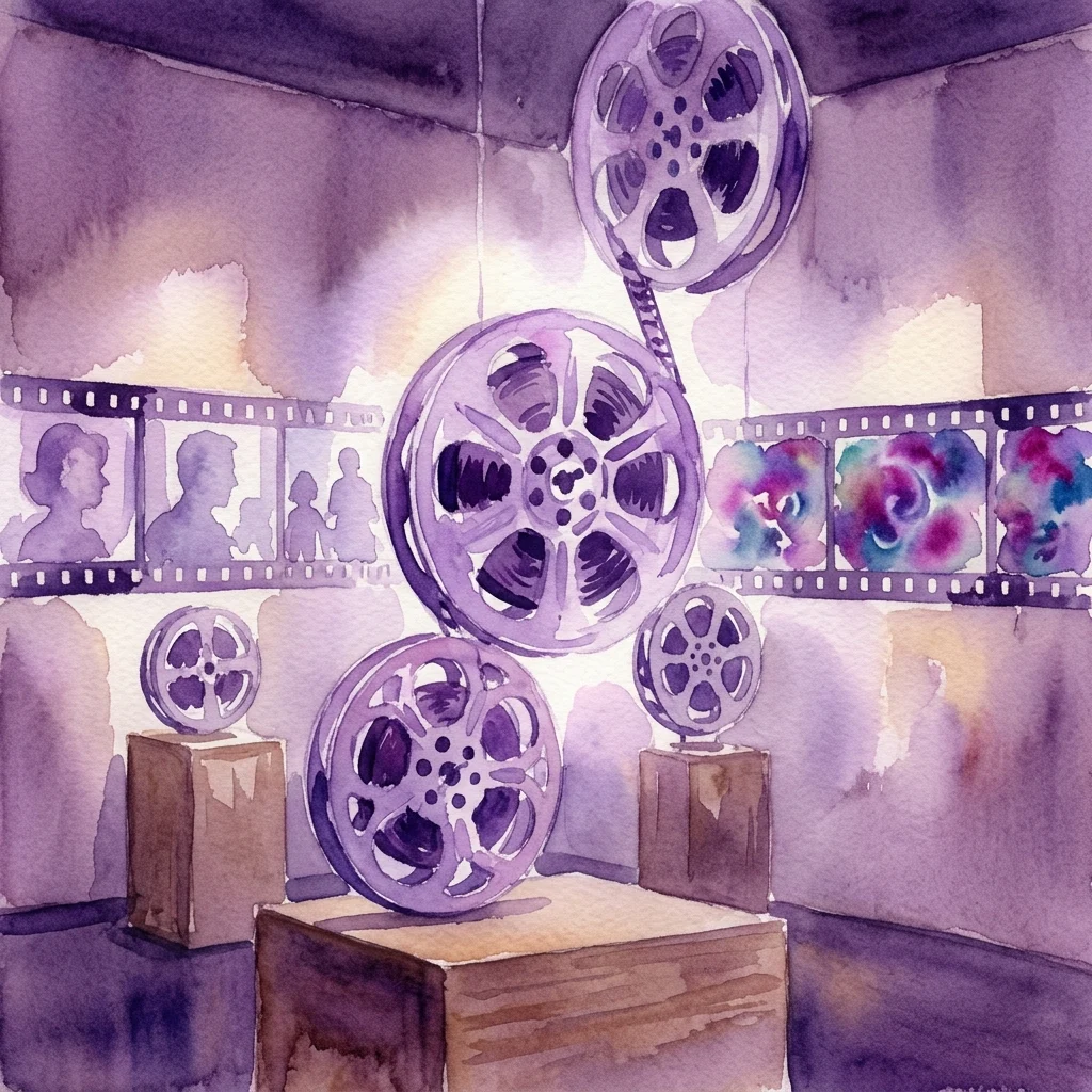 Waterverfillustratie van filmrollen en projectoren in een galerie, die de experimentele actiefilms van Andy Warhol uit de jaren 60 vertegenwoordigen.