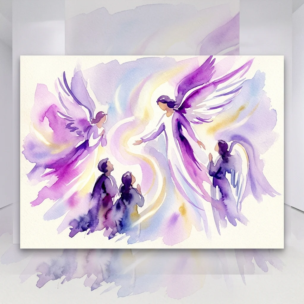 Obraz akwarelowy przedstawiający anioły z fioletowymi skrzydłami i promiennym światłem, prezentowany w galerii jako część wystawy 'Angel, Angel' w Galerie Rudolfinum.