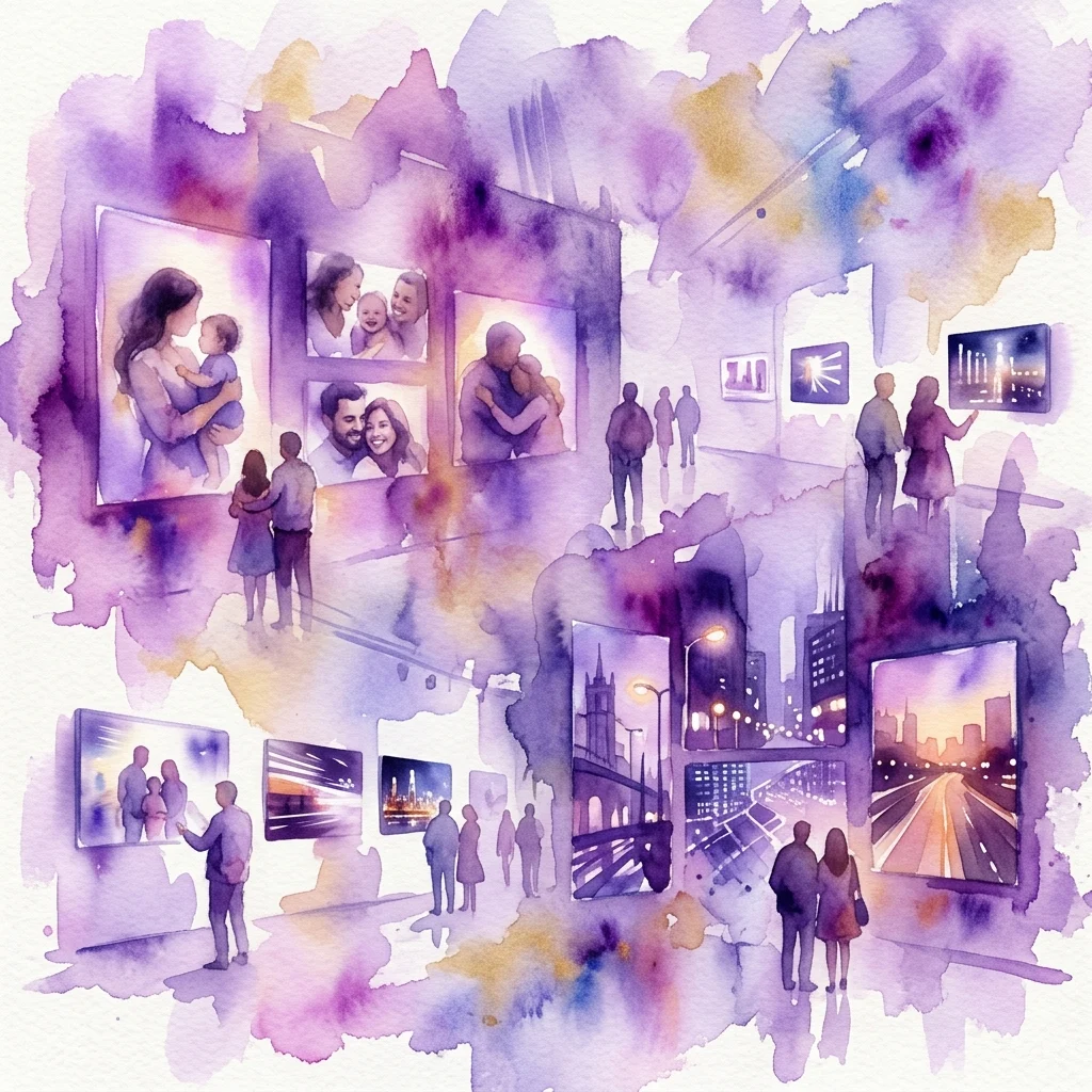 Waterverfillustratie van een kunstgalerie-expositie met foto's en video's van Annelies Štrba, die familieleven en stedelijke landschappen in etherische paarse en gele tinten toont.