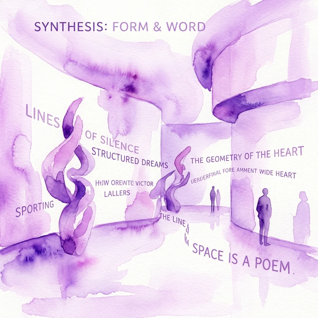 A purple watercolor illustration for the exhibition 'Synthesis: Form & Word' featuring abstract sculptural forms, poetic text elements, and silhouettes of visitors in a minimalist gallery space.