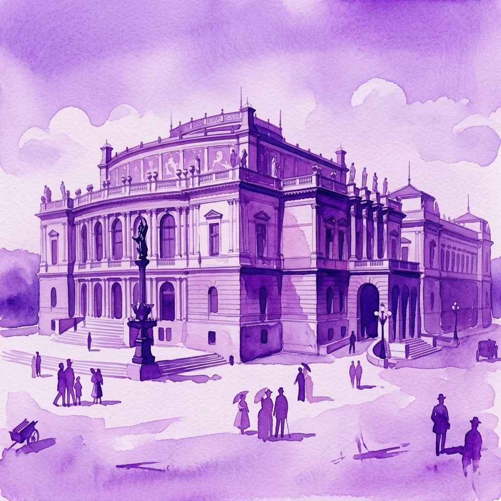 Ilustracja akwarelowa Rudolfinum w Pradze, neorenesansowego budynku zaprojektowanego przez architekta Josefa Zítka, z ludźmi i posągiem na pierwszym planie.