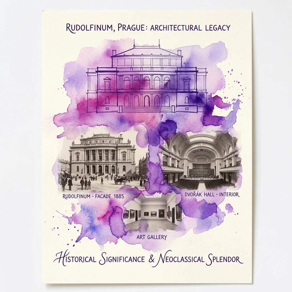 Een promotieposter voor de tentoonstelling 'Rudolfinum, Praag: Architectonisch Erfgoed', met een aquarelontwerp met een architectonische tekening van het Rudolfinum, historische foto's van de gevel uit 1885, het interieur van de Dvořák Zaal en een kunstgalerie, die de neoklassieke pracht en historische betekenis benadrukt.