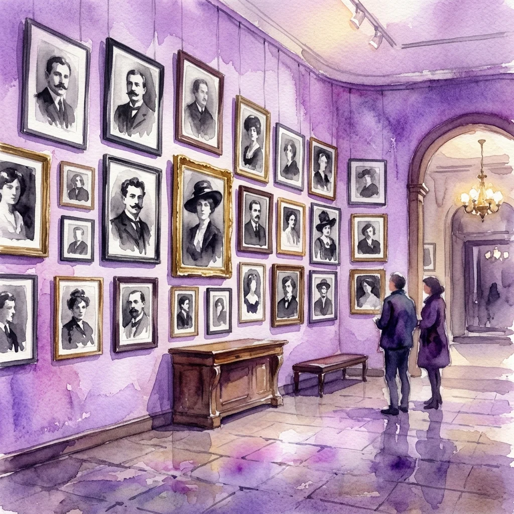 Ilustracja akwarelowa galerii z fioletowymi ścianami, na których prezentowane są zabytkowe czarno-białe portrety bohemistycznych celebrytów z początku XX wieku, a zwiedzający przyglądają się wystawie.