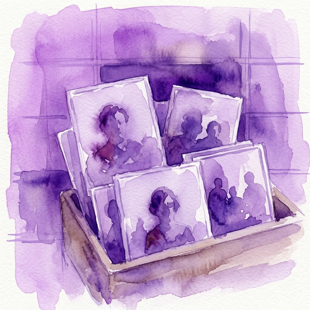 Ilustración en acuarela de negativos de placa de vidrio vintage en una caja de madera, que representan retratos de figuras culturales y políticas checas de principios del siglo XX.