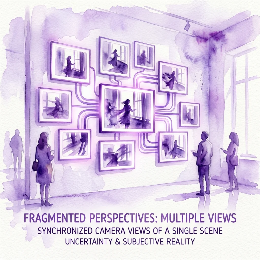 Een aquarelillustratie van een kunstgalerie-expositie met meerdere gesynchroniseerde camerabeelden van één scène, die thema's van onzekerheid en subjectieve realiteit onderzoekt.