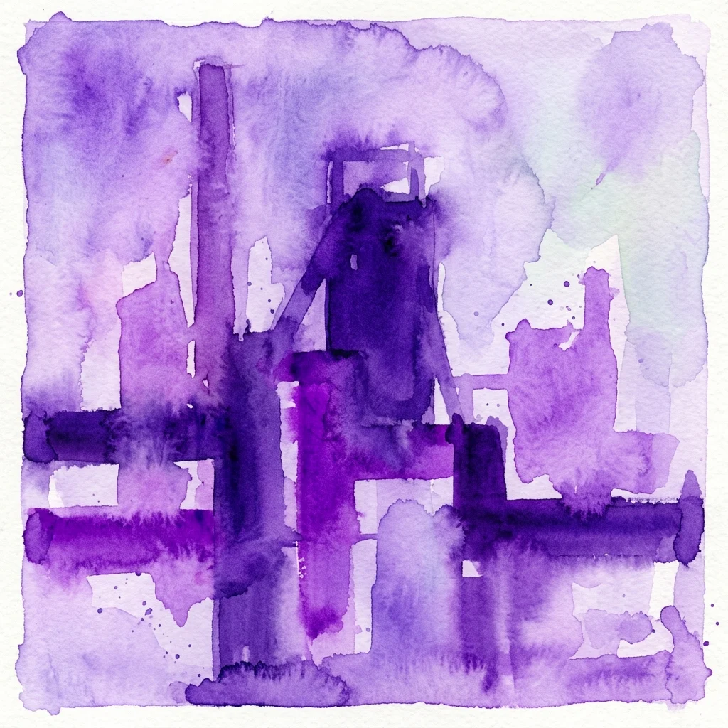 Obra de arte abstracta en acuarela en tonos morados y lavanda, que representa una estructura industrial con formas suaves y mezcladas y detalles salpicados.