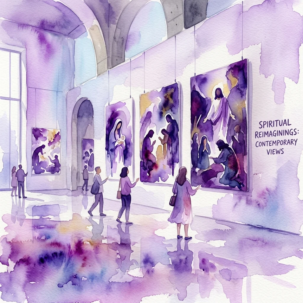 Ilustracja akwarelowa galerii sztuki z odwiedzającymi oglądającymi wielkoformatowe fotografie przedstawiające sceny biblijne, z napisem 'SPIRITUAL REIMAGININGS: CONTEMPORARY VIEWS' na ścianie.