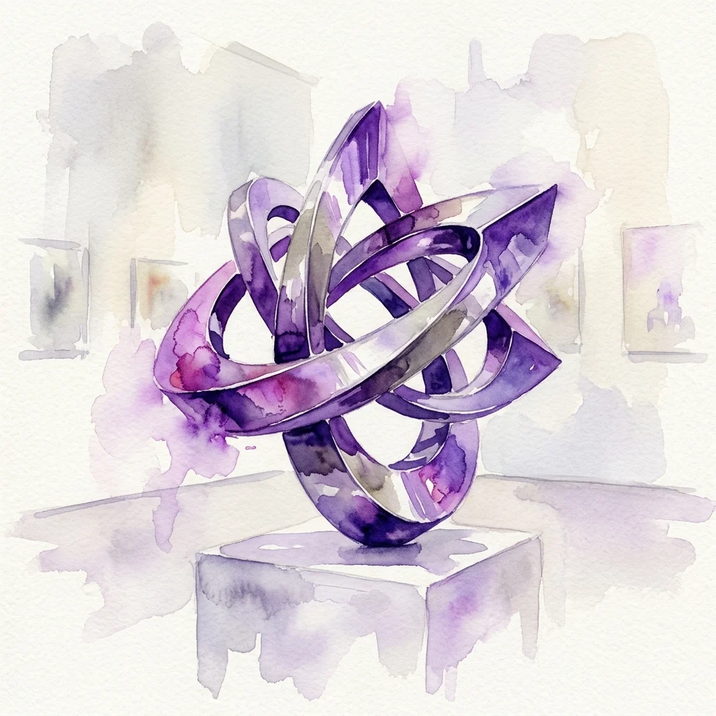 Een aquarelillustratie van een paars en zilver abstract sculptuur van Bruce Beasley, met verstrengelde geometrische vormen op een galeriepedeest. 