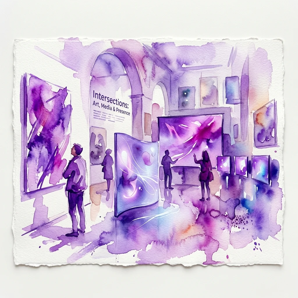 Watercolor illustration of an art exhibition titled 'Intersections: Art, Media & Presence,' featuring visitors viewing paintings, digital installations, and video screens in a gallery space with purple and blue hues.