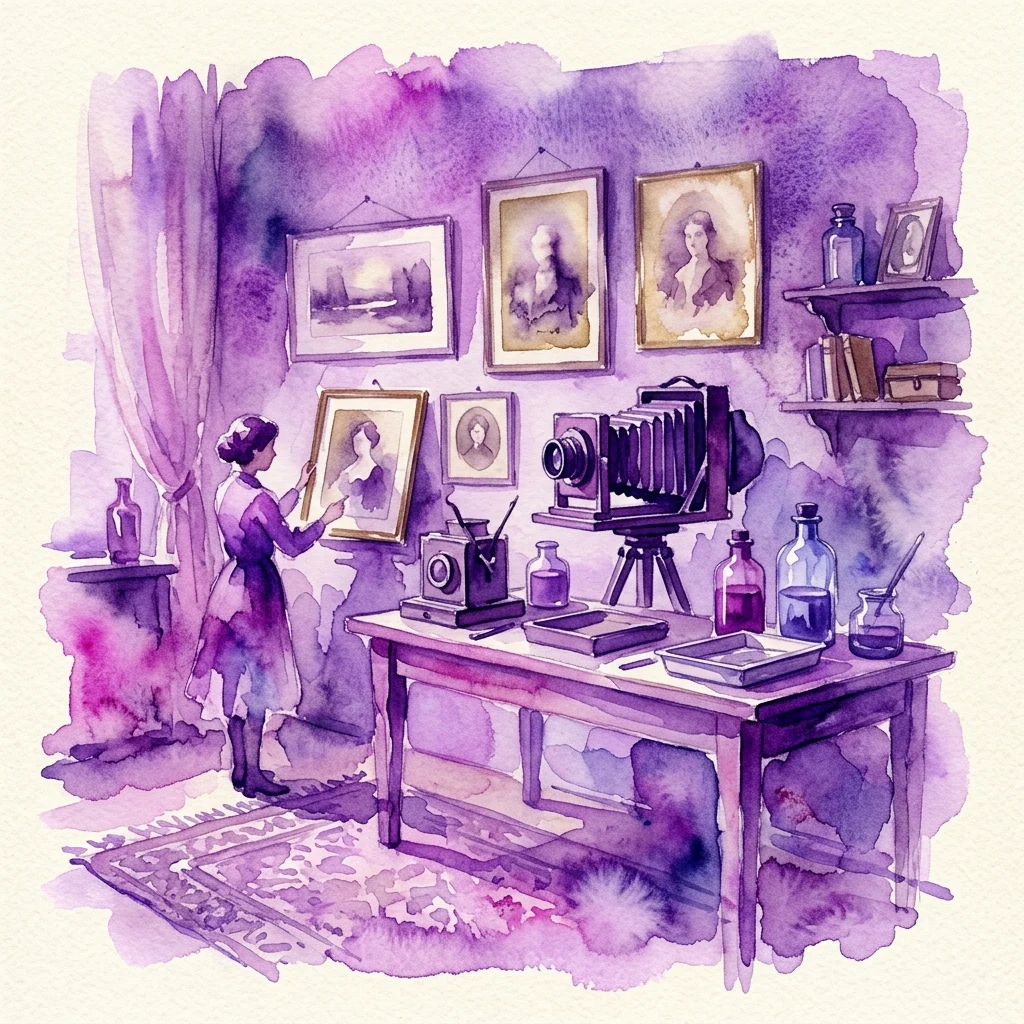 Een aquarelillustratie van een vintage fotostudio met een vrouw die een portret bekijkt, omringd door antieke camera's, ontwikkelingschemicaliën en ingelijste albumineafdrukken aan de muren.
