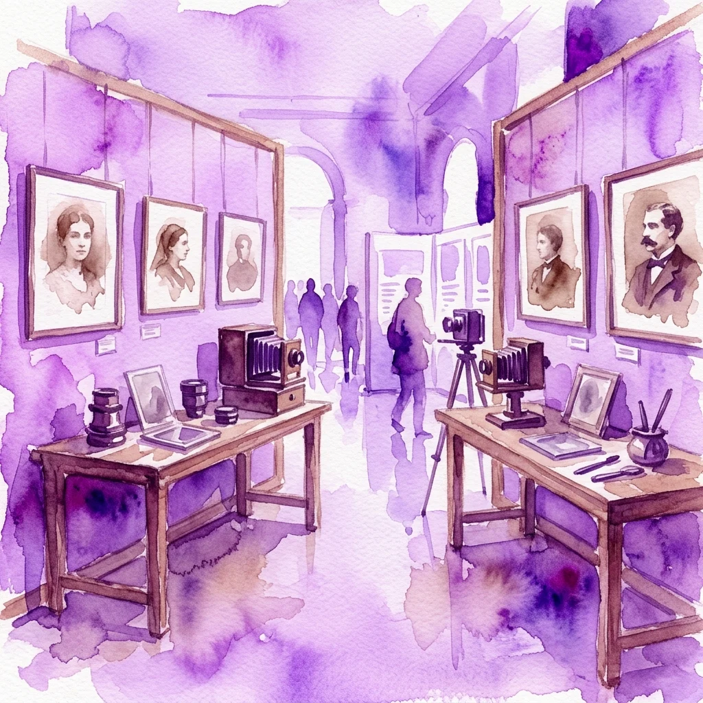 Watercolor illustration of an exhibition gallery with vintage cameras and framed sepia portraits on display, representing the work of Carlos Relvas.
